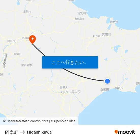 阿寒町 to Higashikawa map