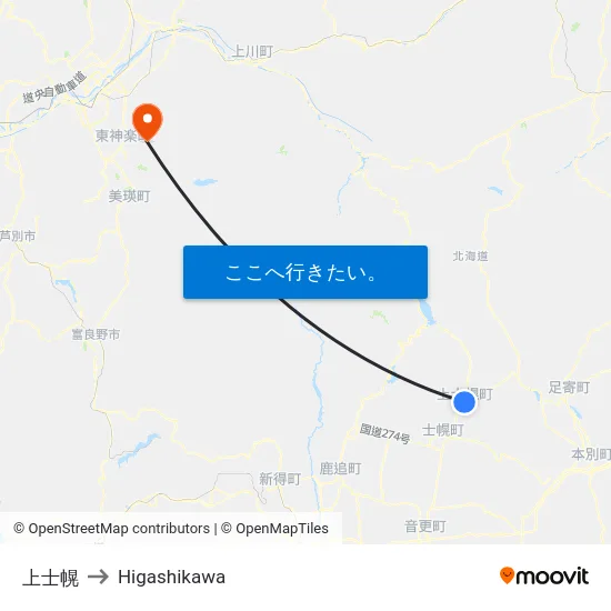 上士幌 to Higashikawa map