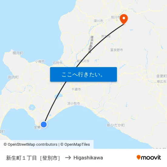新生町１丁目［登別市］ to Higashikawa map