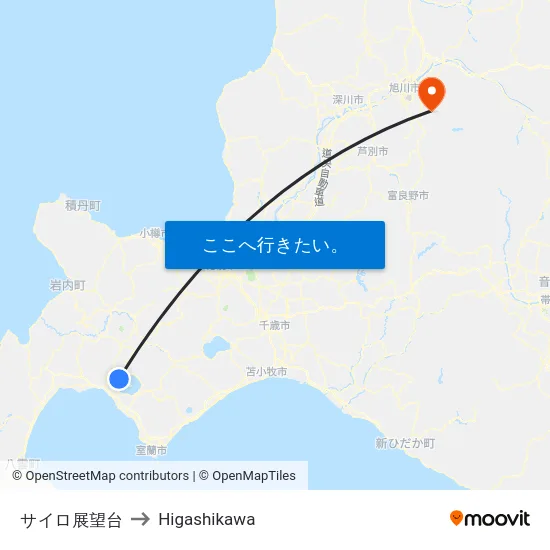 サイロ展望台 to Higashikawa map