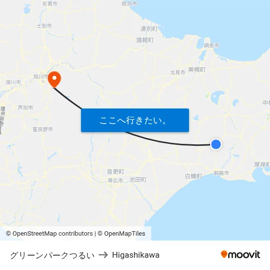 グリーンパークつるい to Higashikawa map