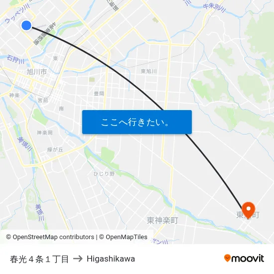 春光４条１丁目 to Higashikawa map
