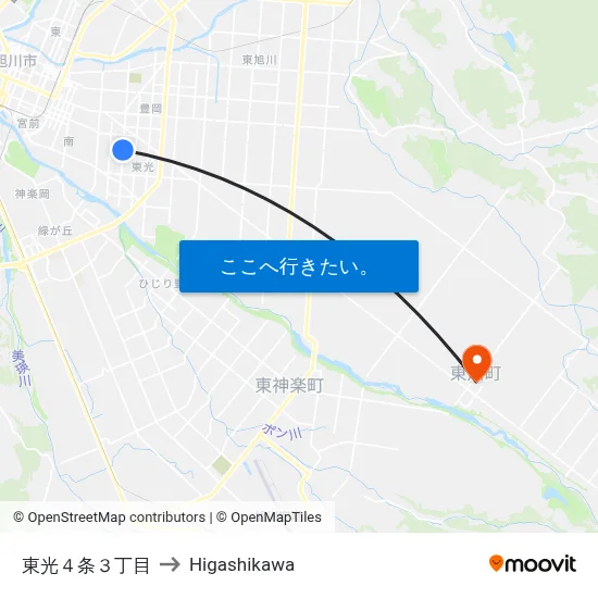 東光４条３丁目 to Higashikawa map