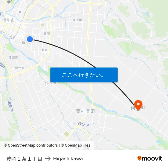 豊岡１条１丁目 to Higashikawa map