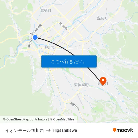 イオンモール旭川西 to Higashikawa map