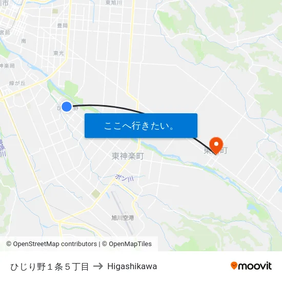 ひじり野１条５丁目 to Higashikawa map