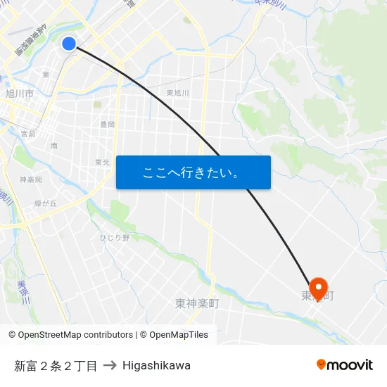 新富２条２丁目 to Higashikawa map