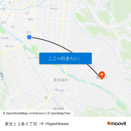 東光１３条５丁目 to Higashikawa map