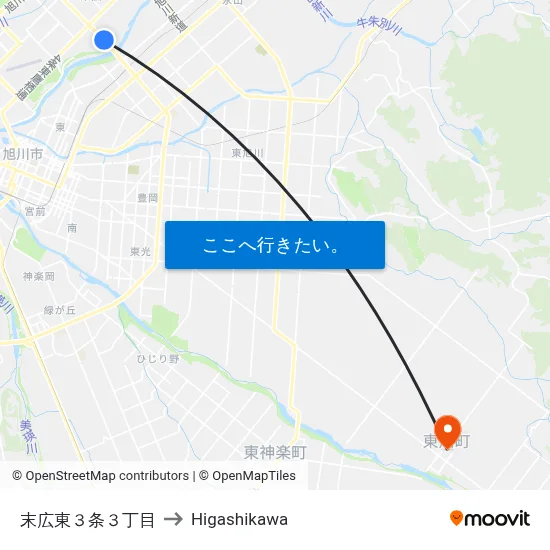末広東３条３丁目 to Higashikawa map