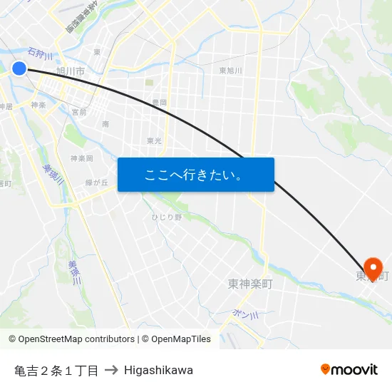 亀吉２条１丁目 to Higashikawa map