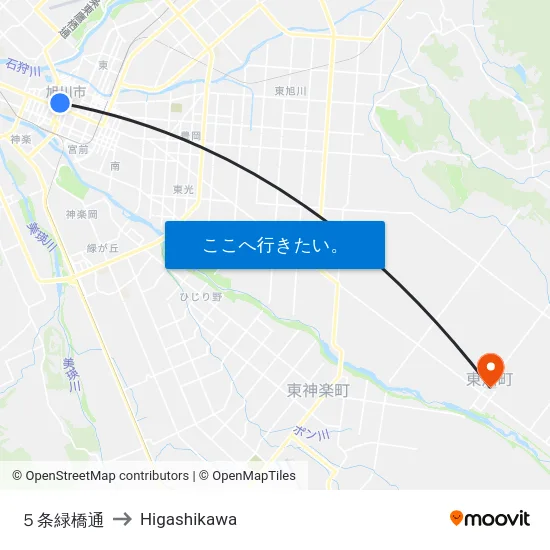 ５条緑橋通 to Higashikawa map