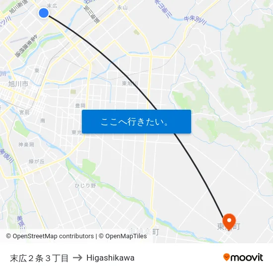 末広２条３丁目 to Higashikawa map