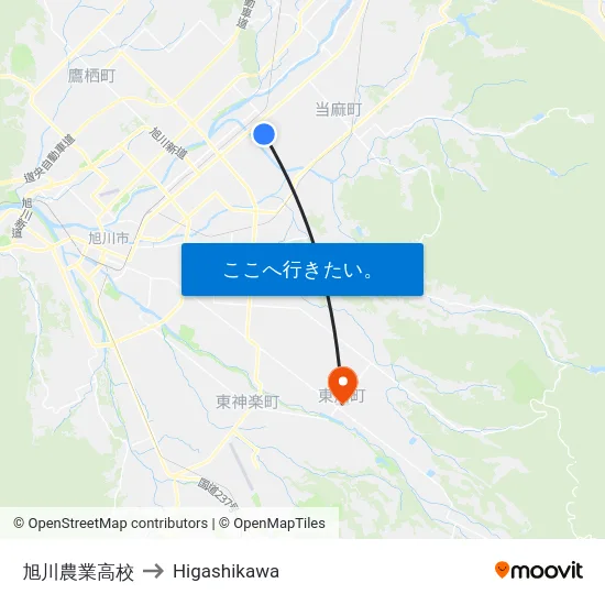 旭川農業高校 to Higashikawa map