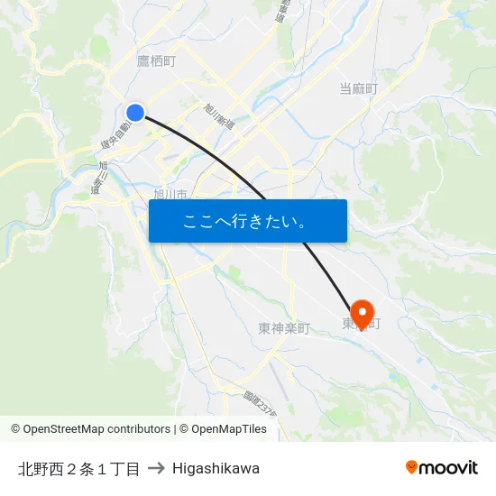 北野西２条１丁目 to Higashikawa map