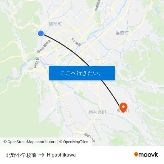 北野小学校前 to Higashikawa map