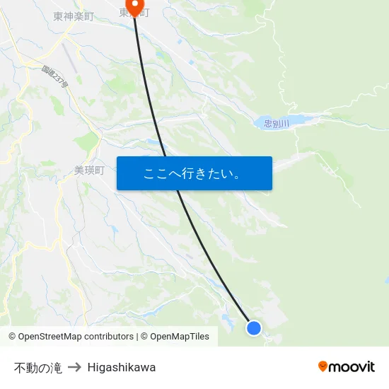 不動の滝 to Higashikawa map