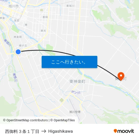 西御料３条１丁目 to Higashikawa map
