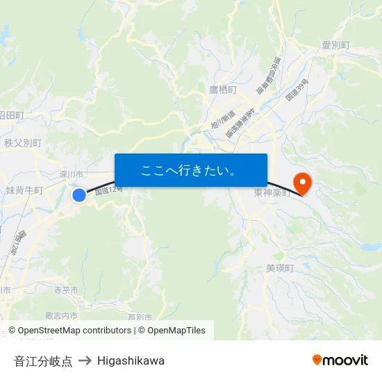 音江分岐点 to Higashikawa map