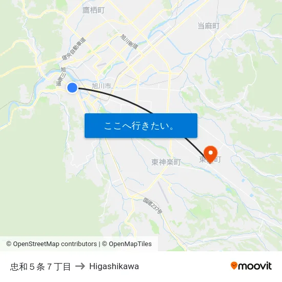 忠和５条７丁目 to Higashikawa map