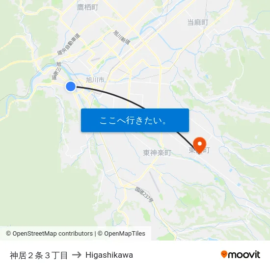 神居２条３丁目 to Higashikawa map