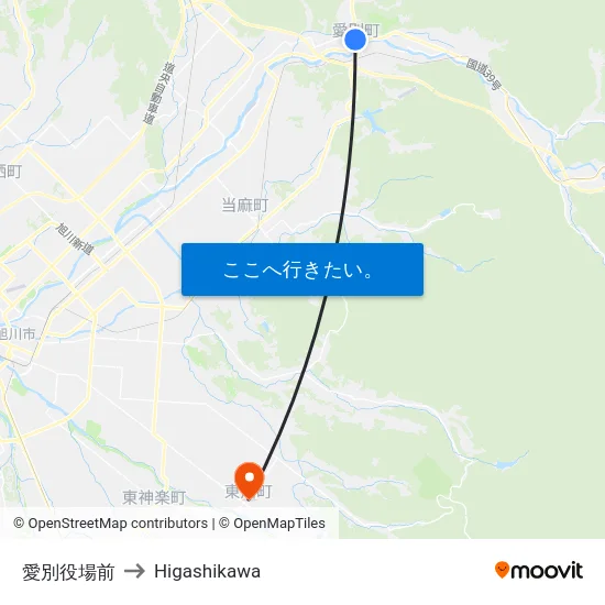 愛別役場前 to Higashikawa map