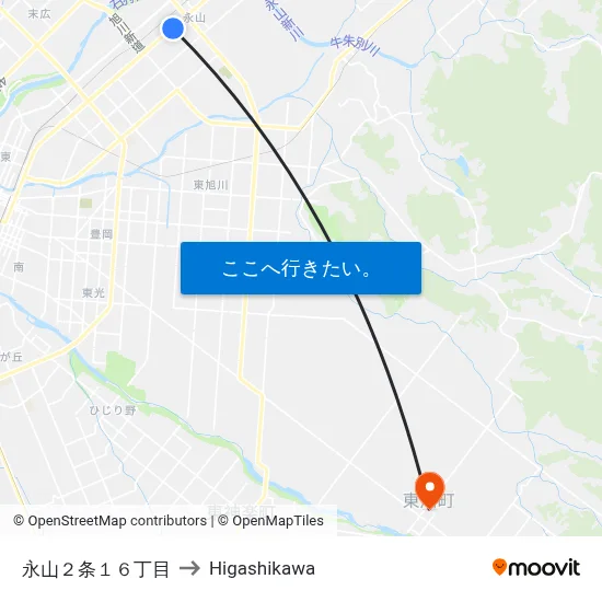 永山２条１６丁目 to Higashikawa map