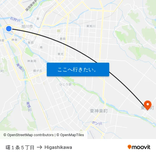 曙１条５丁目 to Higashikawa map