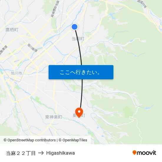 当麻２２丁目 to Higashikawa map