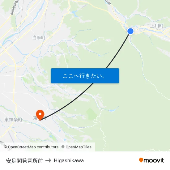 安足間発電所前 to Higashikawa map