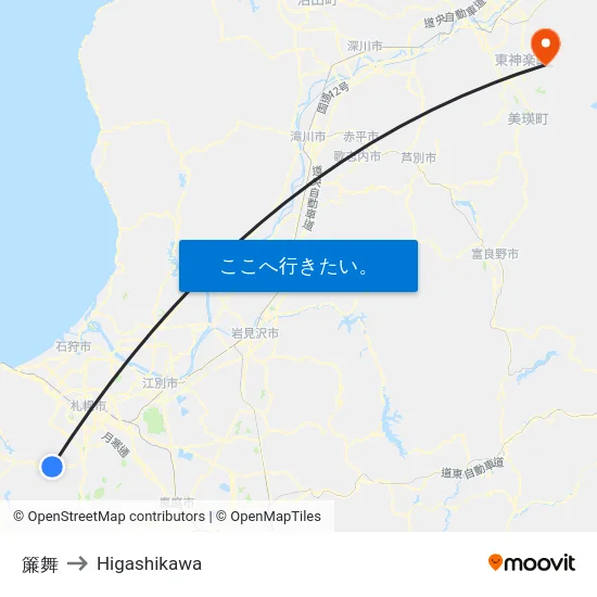 簾舞 to Higashikawa map
