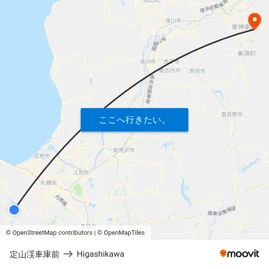 定山渓車庫前 to Higashikawa map