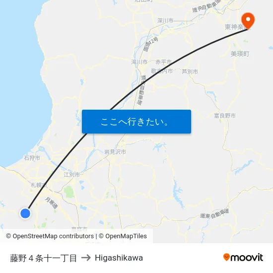 藤野４条十一丁目 to Higashikawa map
