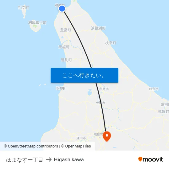 はまなす一丁目 to Higashikawa map