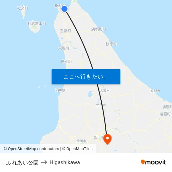 ふれあい公園 to Higashikawa map