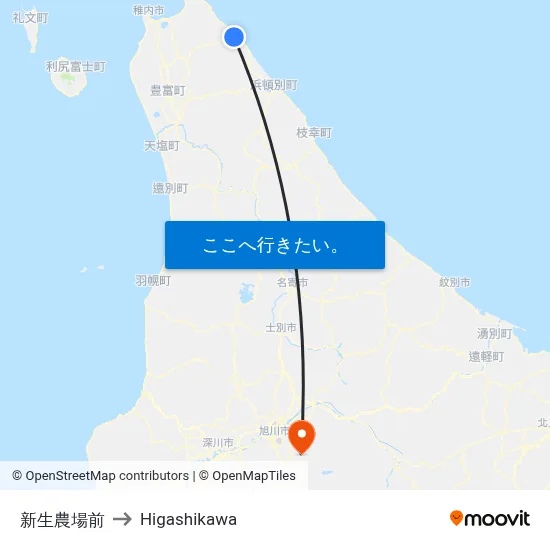新生農場前 to Higashikawa map