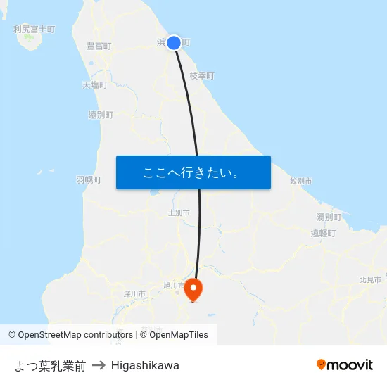 よつ葉乳業前 to Higashikawa map
