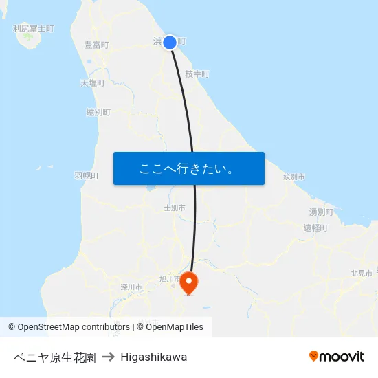 ベニヤ原生花園 to Higashikawa map