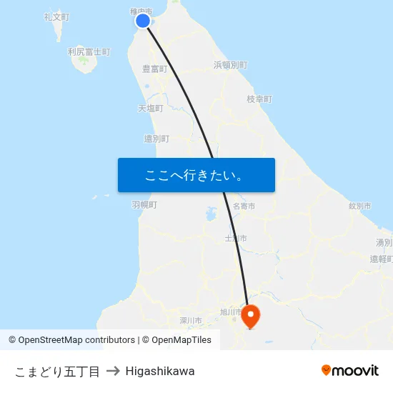こまどり五丁目 to Higashikawa map
