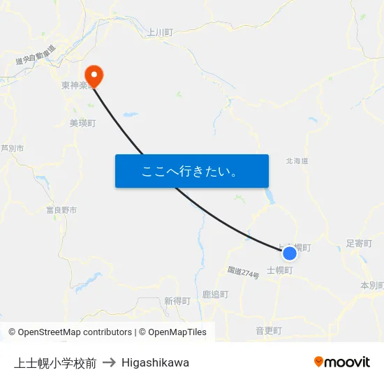 上士幌小学校前 to Higashikawa map