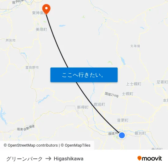 グリーンパーク to Higashikawa map