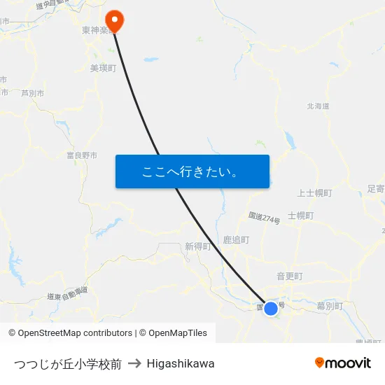 つつじが丘小学校前 to Higashikawa map