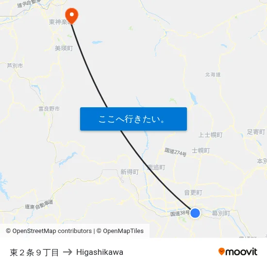 東２条９丁目 to Higashikawa map