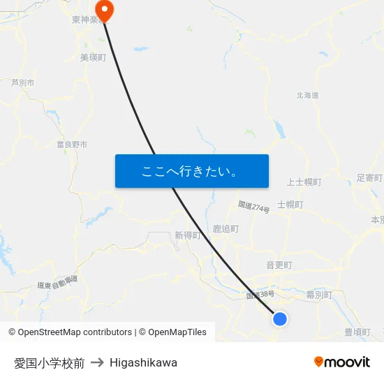 愛国小学校前 to Higashikawa map