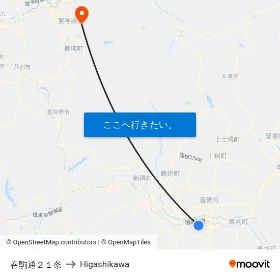 春駒通２１条 to Higashikawa map