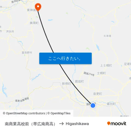 南商業高校前（帯広南商高） to Higashikawa map