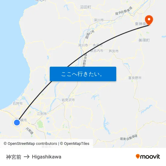 神宮前 to Higashikawa map