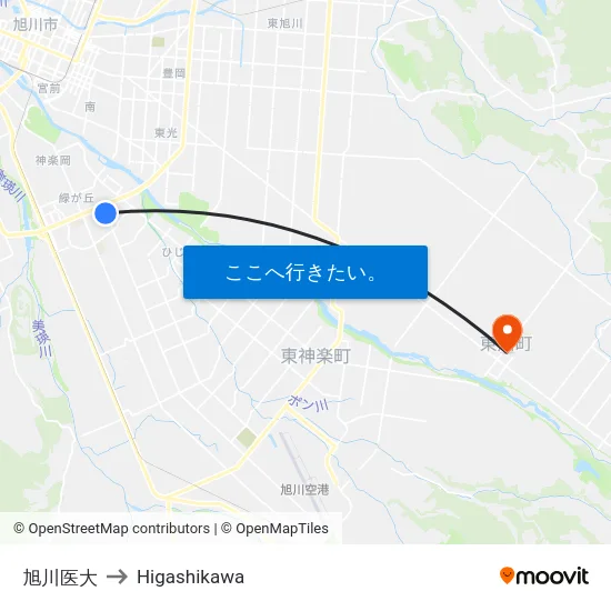 旭川医大 to Higashikawa map