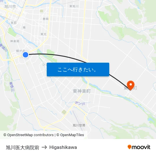 旭川医大病院前 to Higashikawa map