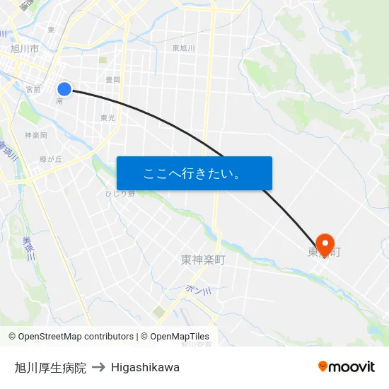 旭川厚生病院 to Higashikawa map