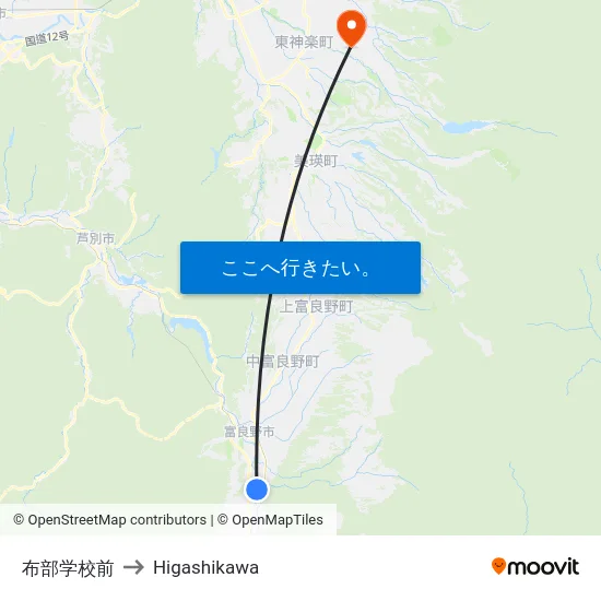 布部学校前 to Higashikawa map